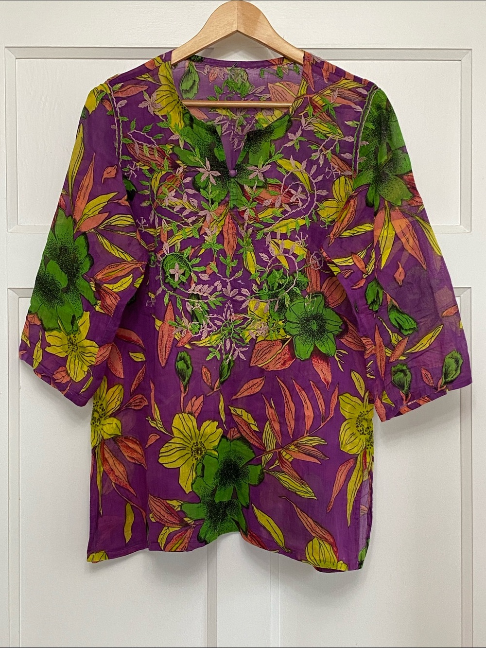 Purple Floral Embroidered V-Neck Tunic